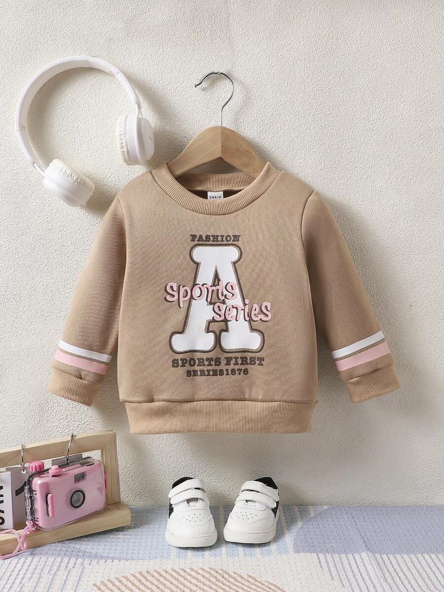 Baby Girls' Fashionable Casual Round Neck English Letter Printed Sweatshirt - Khaki - View 1