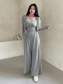 DAZY Solid Color Minimalist Top & Pants Women's Set,Women Two Piece Sets