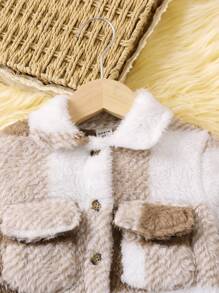 SHEIN Young Girl Buffalo Plaid Flap Pocket Teddy Jacket & Cami Jumpsuit