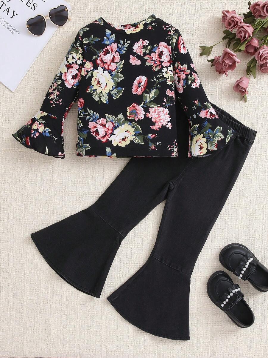 SHEIN 小女孩復古休閒花卉印花喇叭袖上衣&y2k風格黑色彈性喇叭牛仔褲套裝 - 彩色 - 查看 1