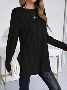 SHEIN Frenchy 素色下擺開叉T恤 - 黑色 - 查看 3