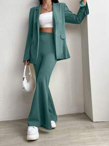 SHEIN EZwear 女性mass色鑲邊領葉套裝外套和喇叭褲套裝 - 薄荷綠 - 查看 4
