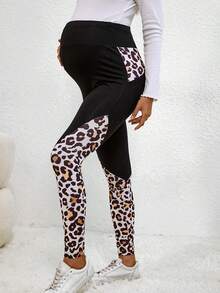 SHEIN Maternity Contrast Leopard Print Leggings With Phone Pocket - Black - View 5