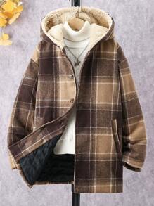 SHEIN Tween Boy 1pc Plaid Quilted Lined Hooded Overcoat - Multicolor - View 1