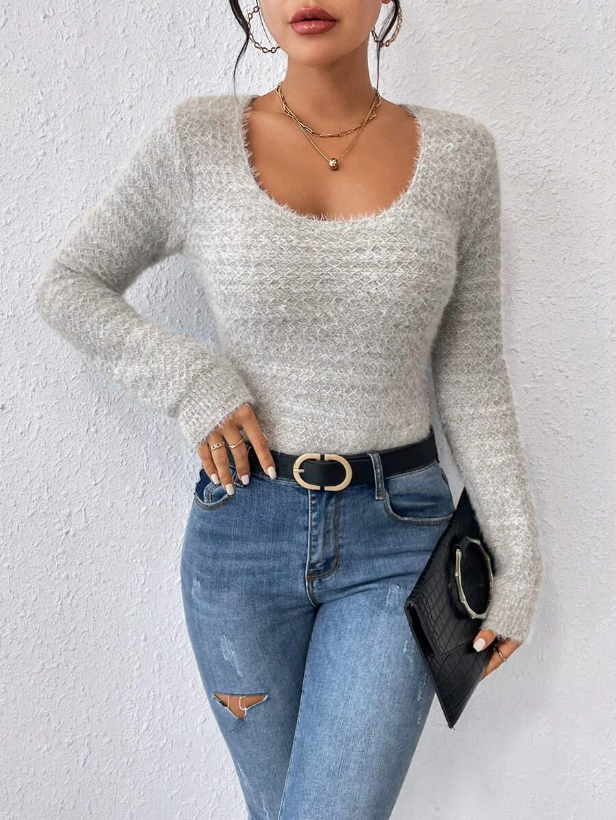 SHEIN Essnce Scoop Neck Fuzzy Sweater - Multicolor - View 1