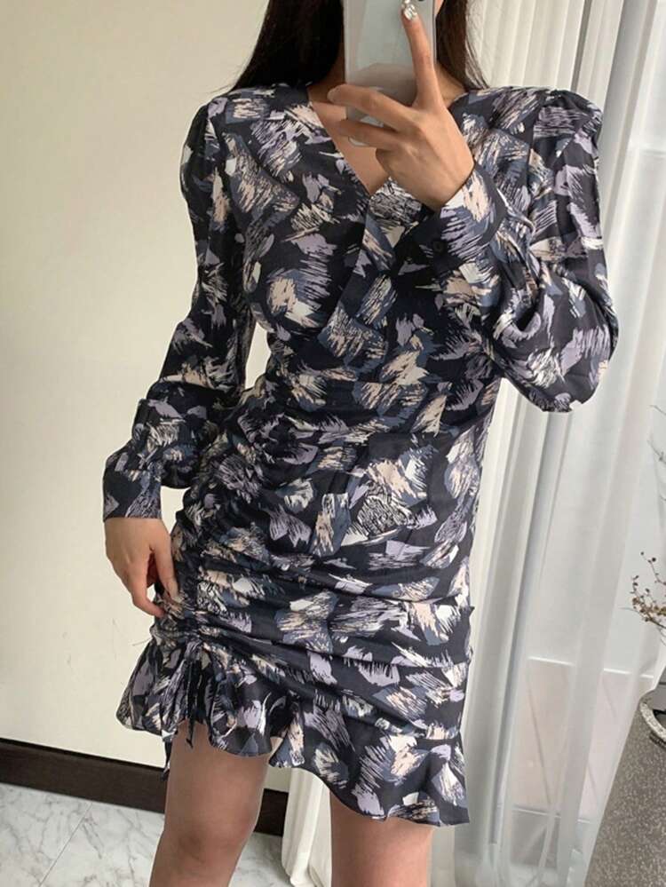 Women's Puff Sleeve Bodycon Dress With All-Over Print,Ruffle,Fall Dress Long Sleeve Dress