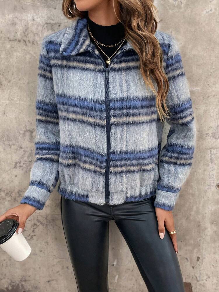 Women's Color Block Stripe Zipper Jacket Fall Cloth For Women