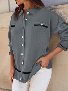 EURMUSE Striped Trim Drop Shoulder Button Front Cardigan - Dark Grey - View 5