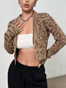 SHEIN Unity 圖形圖案前紐扣短款開衫 - 棕色 - 查看 4