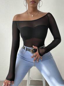 SHEIN Slayr 一字肩拼接網紗褶邊束胸上衣 - 黑色 - 查看 1