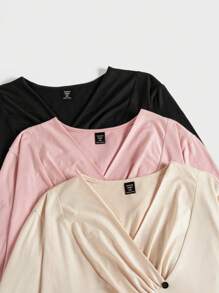SHEIN LUNE Plus 3pcs Solid Button Detail Tee - Multicolor - View 3