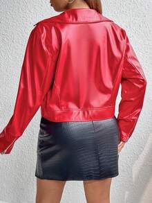 Celure Plus Zip Up PU Leather Moto Jacket - Red - View 2