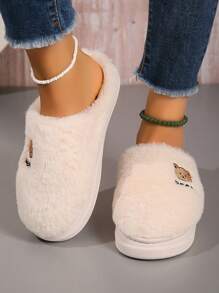 女士秋冬款毛绒厚底熊头拖鞋，毛茸茸的鞋子，蓬松的拖鞋 - 米色 - 查看 7