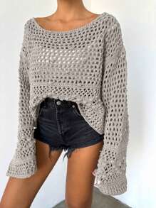 SHEIN 1入組船領鏤空針織套頭毛衣 - 杏色 - 查看 4