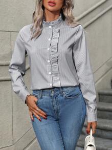 SHEIN Frenchy Camisa De Mujer A Rayas Con Cuello Alto Y Detalles De Volantes - Negro - Ver 5