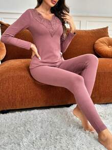 Women's Solid Color Lace Patchwork Thermal Underwear Set - Rose Red - View 1