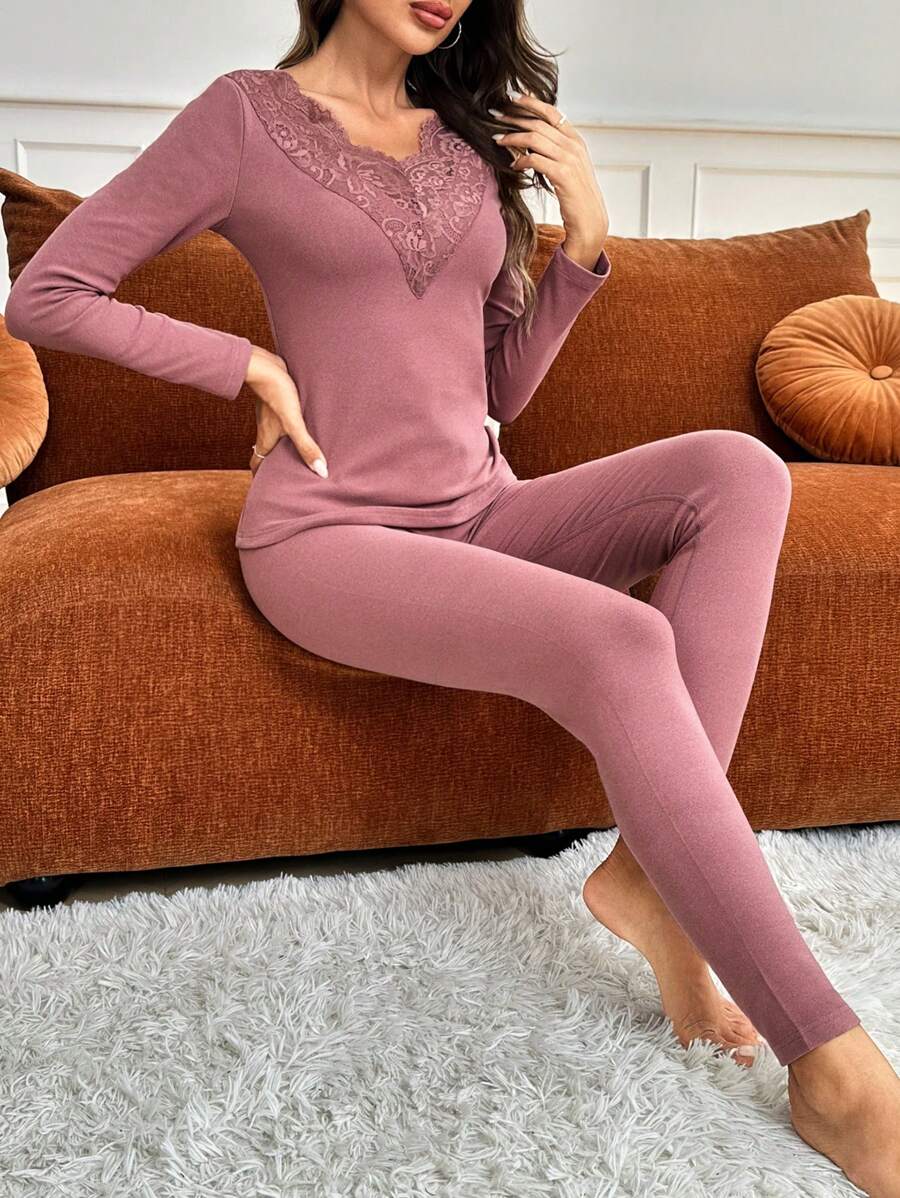 Women's Solid Color Lace Patchwork Thermal Underwear Set - Rose Red - View 1
