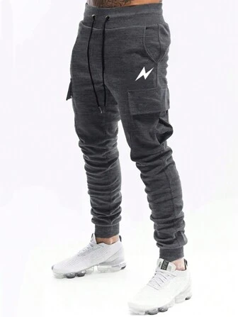 Street Life Pantalones de chándal con estampado de relámpago y cordón en la cintura para hombres, escuela