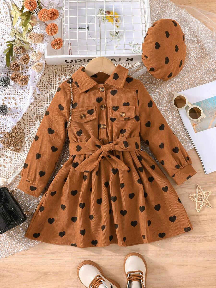 SHEIN Trẻ In Trái tim Chi tiết về Flap Váy có thắt lưng & Mũ - màu nâu - Xem 1