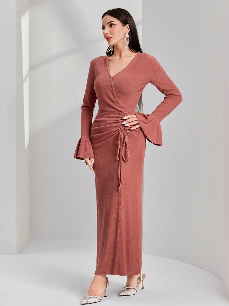 Pink Ruffle Sleeve Drawstring Waist Dress