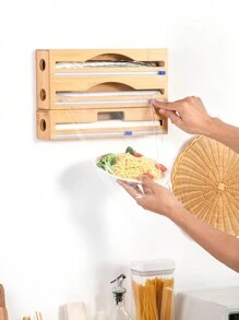 SHEIN Basic living 1 件天然竹箔包装带切刀，塑料包装卷和锡箔收纳盒，用于抽屉和墙壁，铝箔和蜡竹分配器用于厨房储物整理，可容纳 12 卷圣诞节礼物