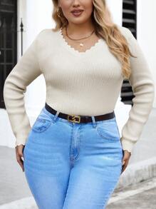 SHEIN Clasi 女款大尺碼扇貝邊羅紋針織毛衣