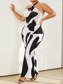 SHEIN Privé Plus Colorblock Halter Neck Mermaid Hem Dress - Black and White - View 5