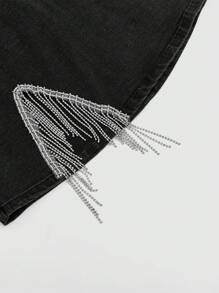 SHEIN MOD Rhinestone Fringe Trim Denim Skirt - Black - View 4