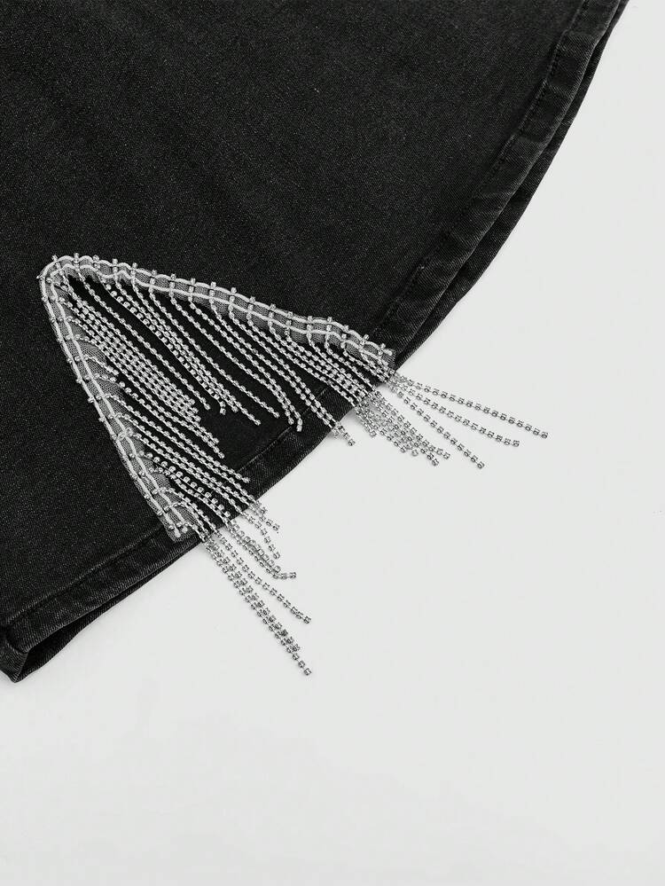 Rhinestone Fringe Trim Denim Skirt
