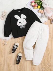 女小童蝴蝶結細節兔子刺繡套頭衫和絨毛長褲 - 黑色 - 查看 1