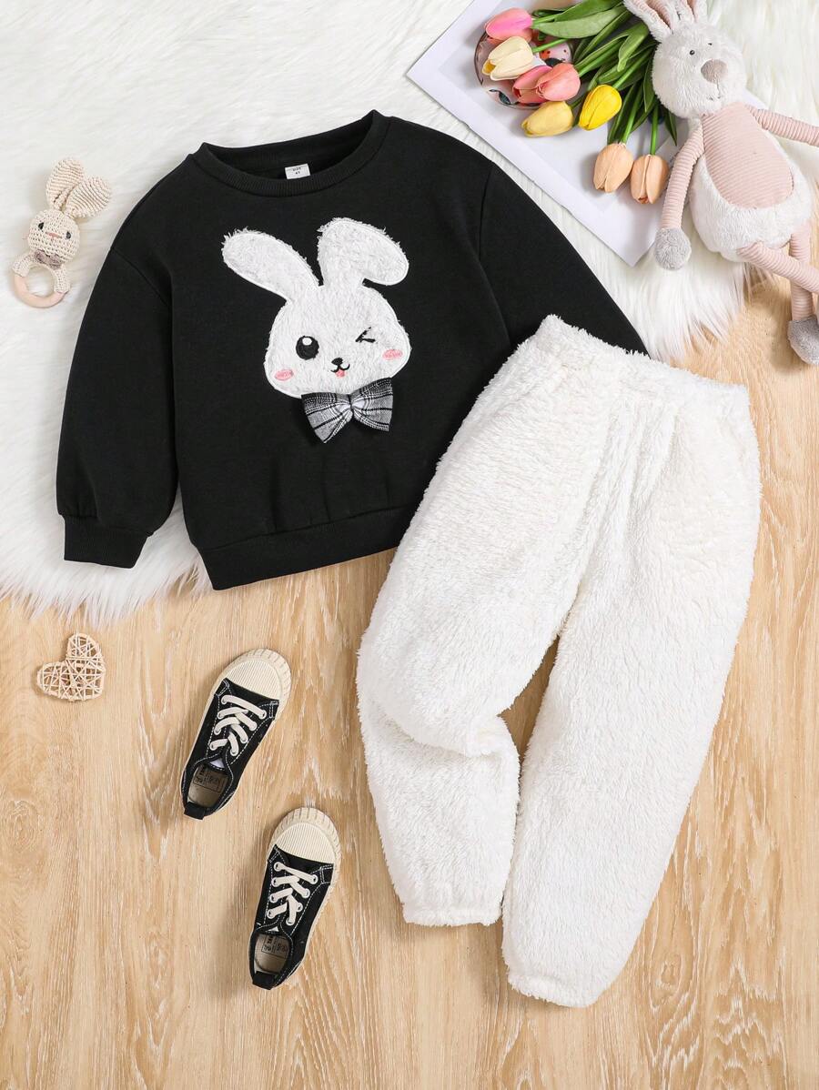 女小童蝴蝶結細節兔子刺繡套頭衫和絨毛長褲 - 黑色 - 查看 1