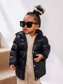 女婴纯色连帽四纽扣中长款加厚棉衣外套，适合寒冷天气 - 黑色 - 查看 3