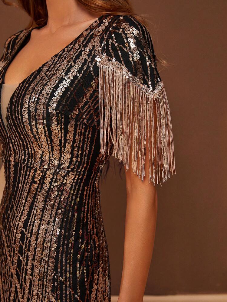 Women's Formal Evening Dress With Embroidery, Beads, Tassel, Sweetheart Collar And Slim Fit