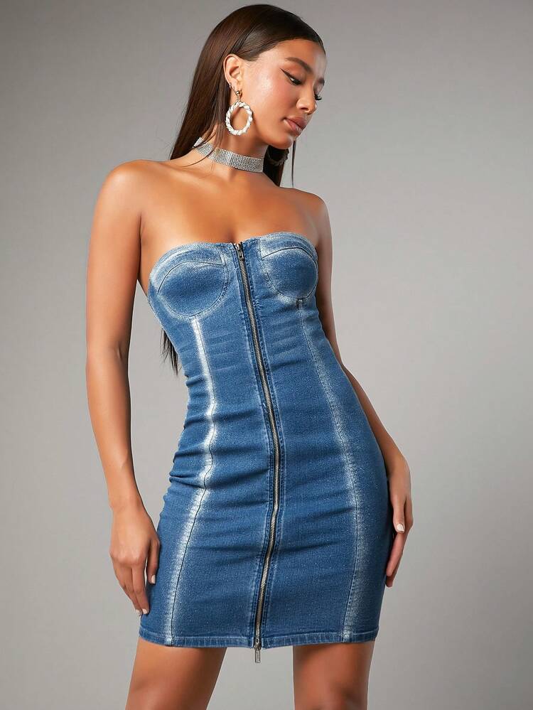 Women's Denim Strapless Dress With Front Zipper For Western Party Costume