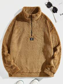 GENTILAND Men Plus Letter Patched Detail Half Zip Teddy Sweatshirt - Brown - View 1