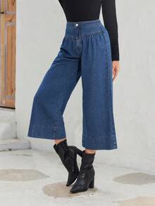 SHEIN Privé 褶皺闊腿牛仔褲 - 中等水洗藍 - 查看 3