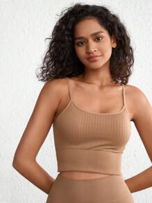 Ocili Leisure Extremely Stretchy Seamless & Skin-Friendly Non-Removable Padding Comfortable Solid Wide Rib Women Tops Khaki - Khaki - View 6