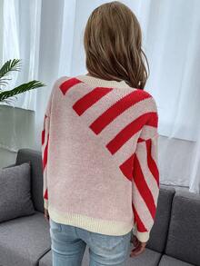 SHEIN Unity Vòng cổ Thả vai Sọc Áo len - Đỏ - Xem 2