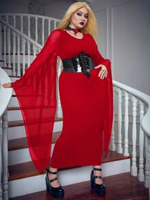 PUNK 加大號交叉前面設計波浪袖連身裙,不含馬甲 - 紅色 - 查看 4