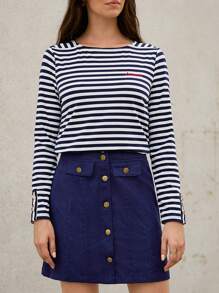 SHEIN Frenchy Embroidery Detail Striped Print Tee & Flap Button Front Skirt Winter Casual Blue - Navy Blue - View 4