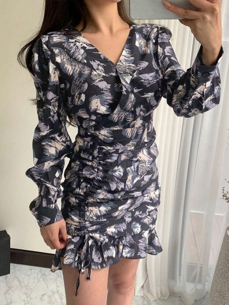 Women's Puff Sleeve Bodycon Dress With All-Over Print,Ruffle,Fall Dress Long Sleeve Dress
