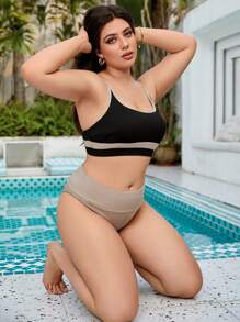 SHEIN Swim Curve Plus Size Women's Color Block Cami Bikini Set Summer Beach