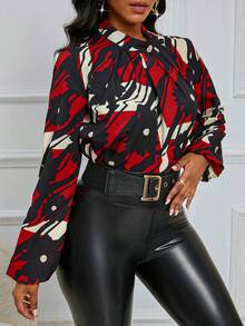 SHEIN Lady 圖案印花燈籠袖襯衫 - 紅色 - 查看 7