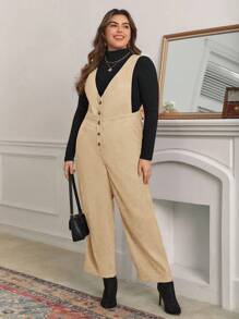 SHEIN Frenchy Jumpsuit Ukuran Plus Kantong Tombol Depan Plain Casual - Khaki - View 3