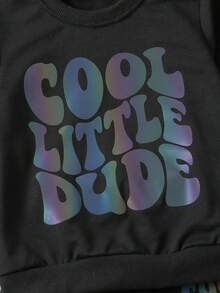 SHEIN Young Boy Reflective Slogan Graphic Sweatshirt & Sweatpants - Black - View 8