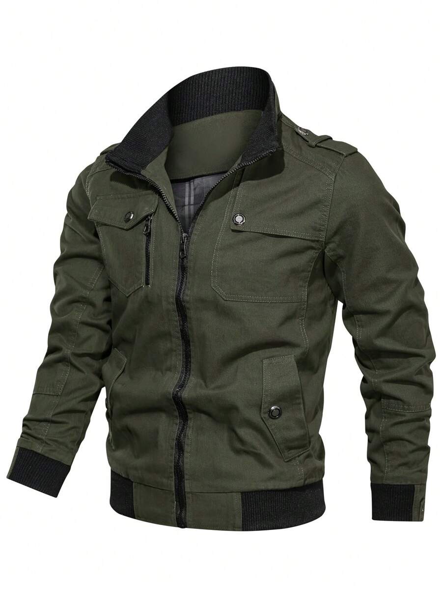 Manfinity Homme Áo khoác nam dài tay phối màu, kiểu dáng cargo, có khóa kéo, thích hợp cho mùa thu. - xanh quân đội - Xem 1