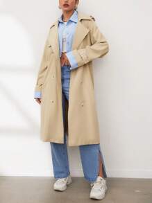 SHEIN Unity 優雅腰帶 雙排釦 口袋純色女士風衣外套 - 卡其色 - 查看 3