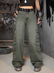 ROMWE Grunge Punk Flap Pocket Cargo Jeans Without Belt - Army Green - View 1