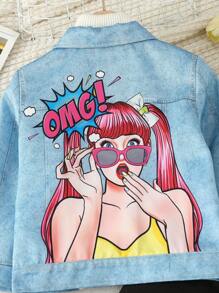 SHEIN 休閒拉鍊 前紐扣人像女童（小）兩件套 - 藍色 - 查看 7