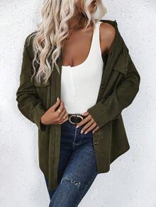 EMERY ROSE Flap Pocket Drop Shoulder Corduroy Coat - Army Green - View 3